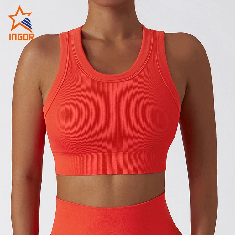 Ginásio de running desportivo de ioga canelado e sem costuras Inga Sportswear de alto impacto Usa Sportswear de running de fitness que absorve os choques para mulher