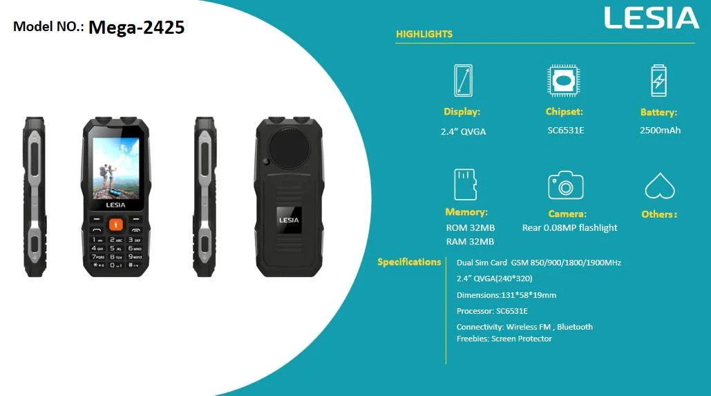 Pilha da função do botão de pressão do telefone GSM 2500 mAh Lesia ManuFactory de 2,4 polegadas Telefone para Sênior de telefonia móvel OEM/ODM