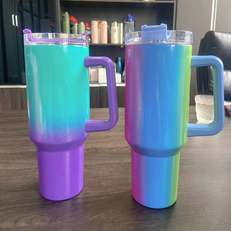 40 Oz Rainbow Paint Thermal Sublimation Car Cup with Handle Stainless Steel Insulation & Cold Insulation Car Cup