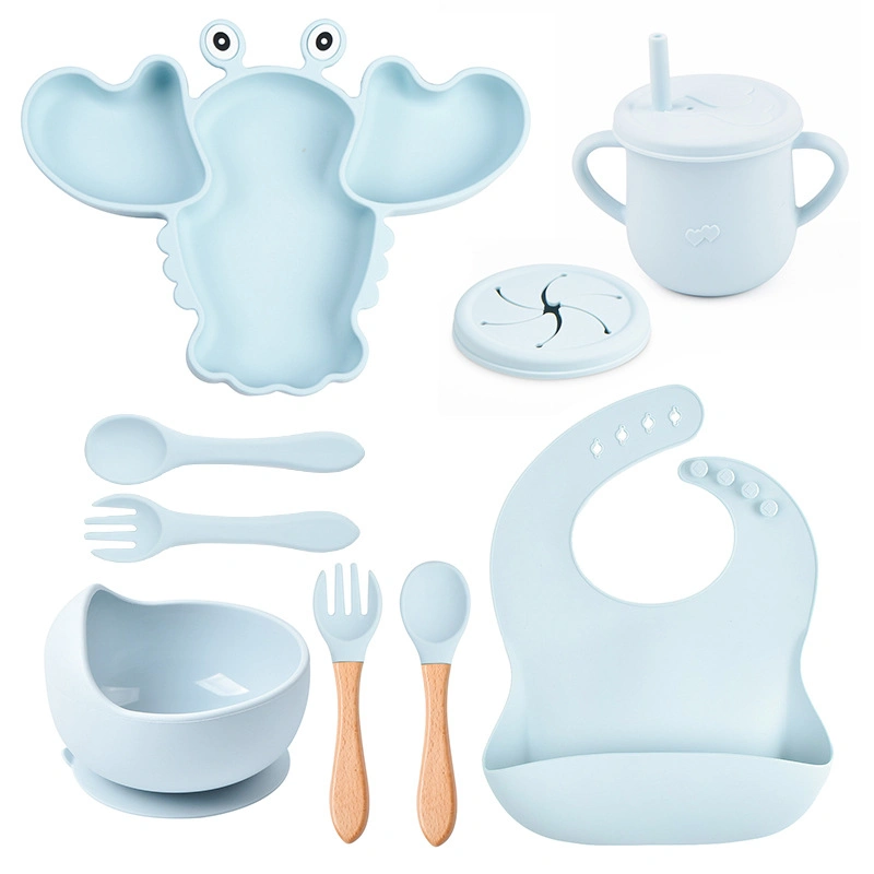 Food-Grade Silicone Baby Dinner Plate Baby Suction Cup Soft Spoon High-Temperature Resistant Water Cup Anti-Falling Bib Set FDA LFGB