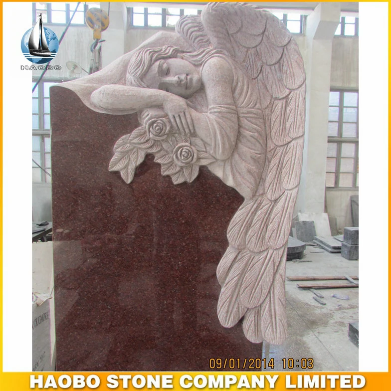 Red Granite Monument with Angel Carved Statues Headstone