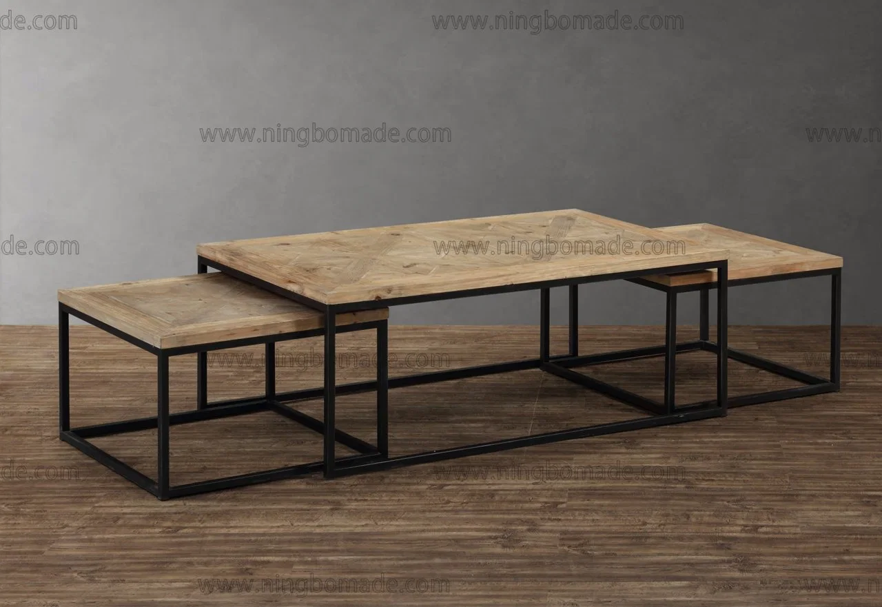 Reclaimed Fir Wood with Black Iron Metal Fixed Coffee Table Set