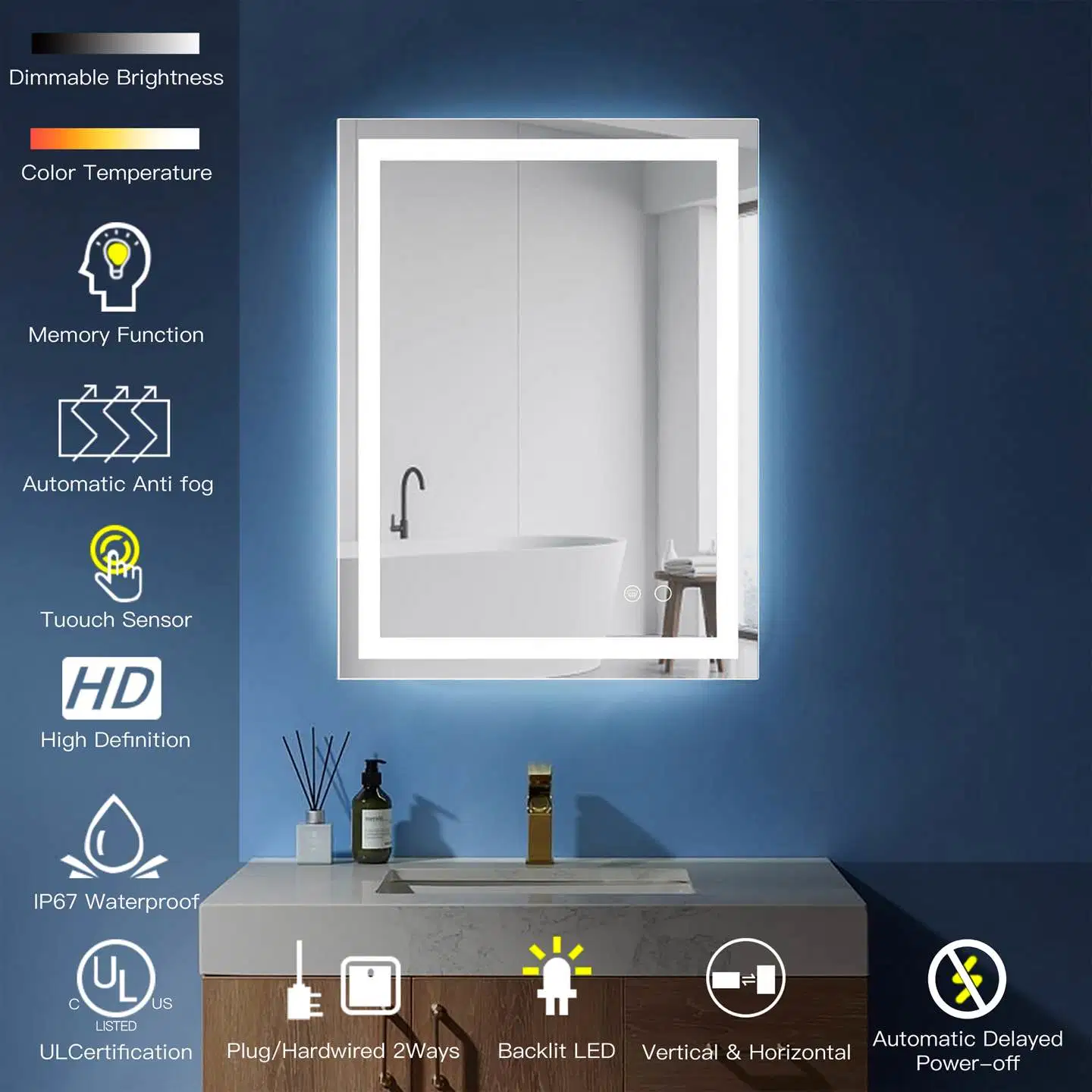 Ortonbath 24X32 LED Badezimmer Spiegel mit Memory Lights Anti-Fog dimmbar Beleuchteter Kosmetikspiegel Im Badezimmer Mit Hintergrundbeleuchtung Und Frontbeleuchtung