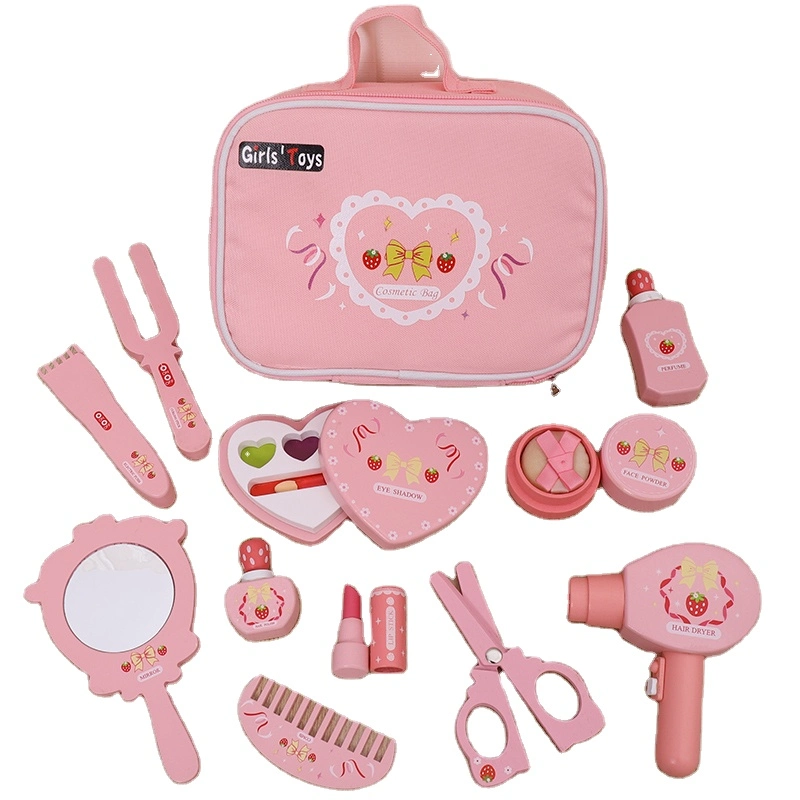 Factory Selling Pink Cosmetic Bag Wholesale Comb and Other Accessories Toy Pretend Play Makeup Series Wood Toys for Girls Gifts