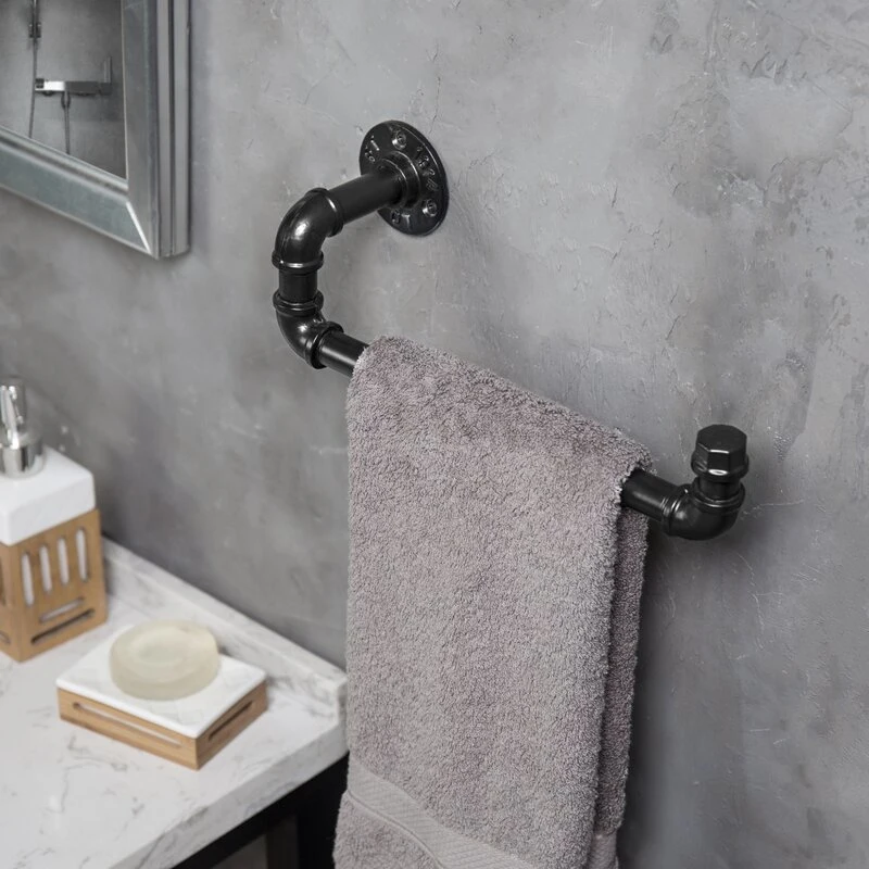 Wall-Mounted Black Metal Industrial Pipe Design Bathroom Towel Bar Rack