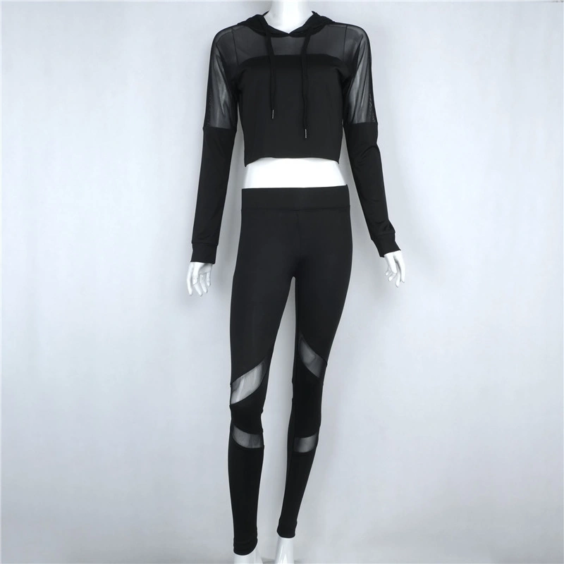 Custom Your Logo High quality/High cost performance Women Sexy Black Active Wear Slim Fitness Yoga Set Sportswear with Mesh Custom Gym Wear Women