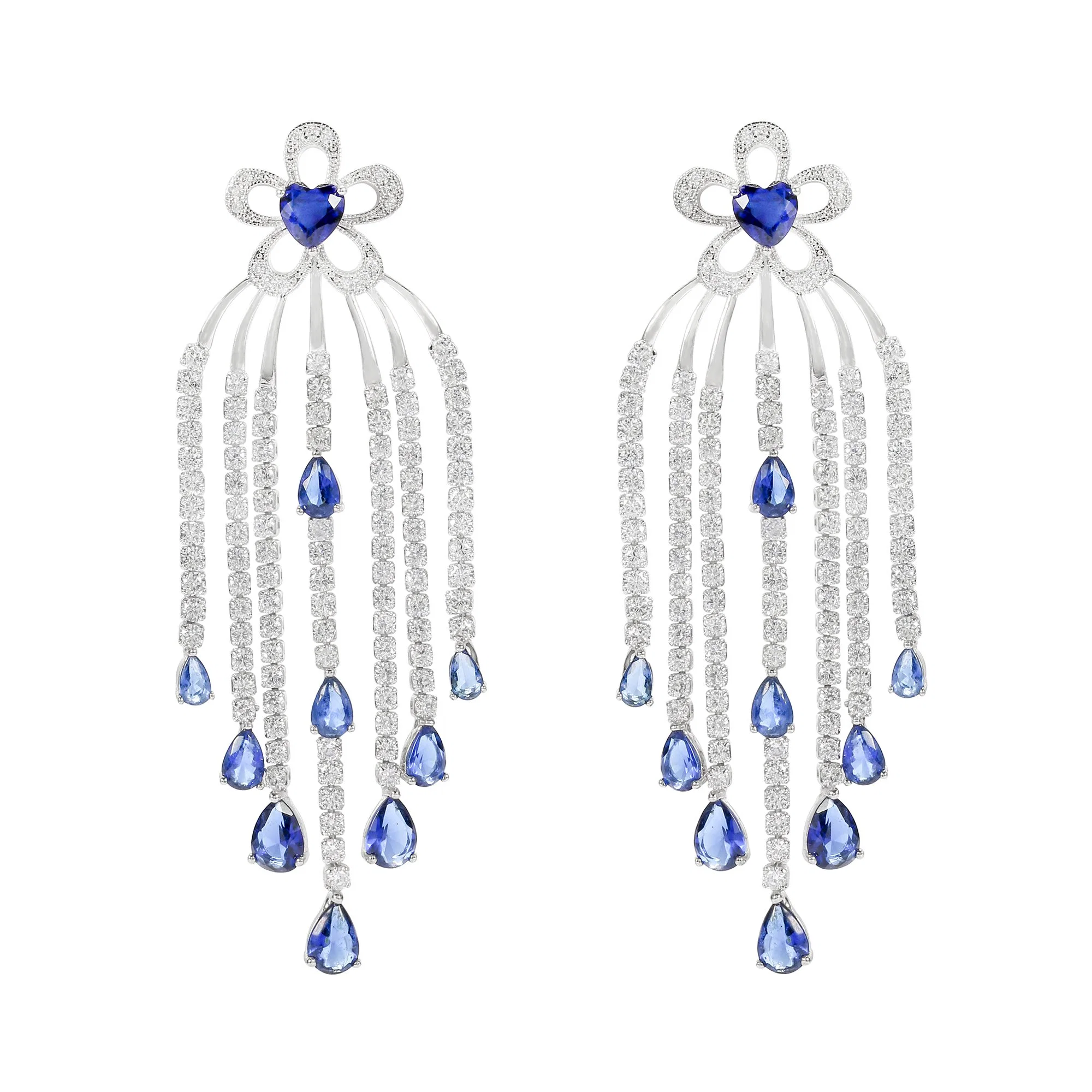 Bridal Wedding Fashion Jewelry Pendiente Aretes Dubai Bridal Earrings for Women Long Tassel Earrings for Bridal Sterling Silver 925 Sapphire Earrings