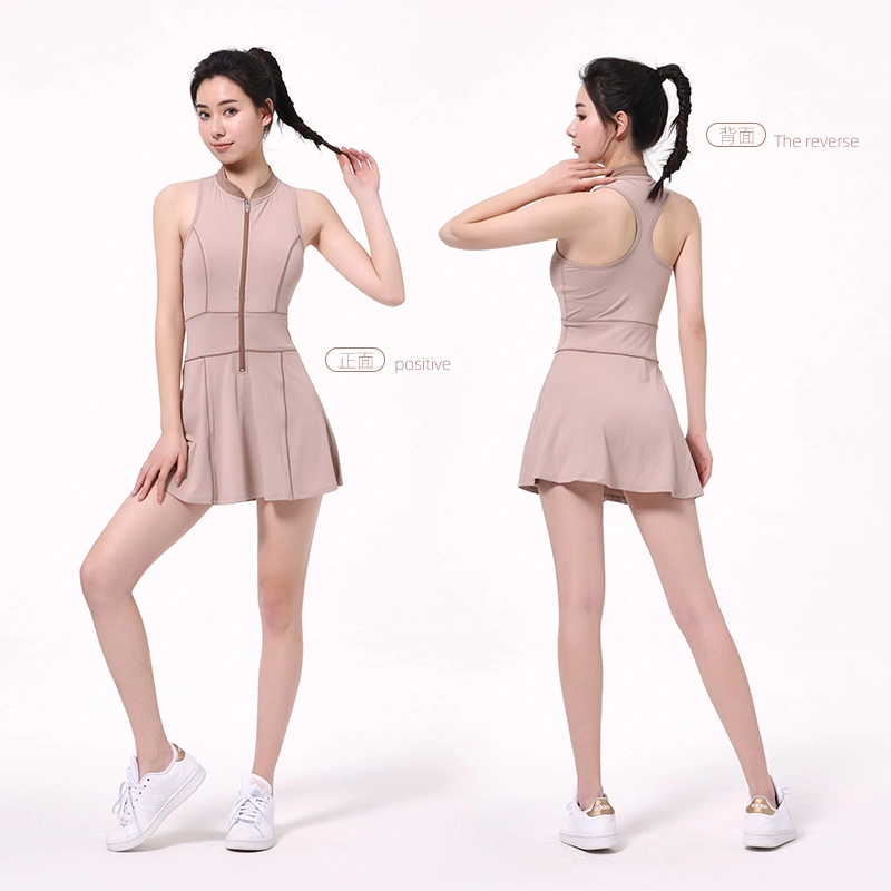 Summer New Products Hit Color Nude Sports Tennis Fitness Dress Zipper Sexy Slim Sleeveless Tennis Clothes