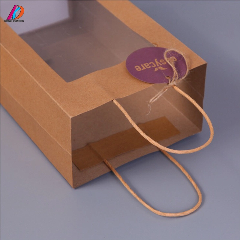 Customized Kraft Shopping Paper Packaging Bag with Clear PVC Window and Length Handle