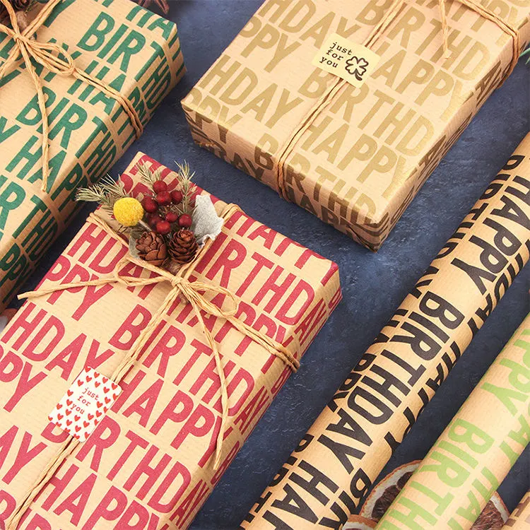 Happy Birthday Recycled Brown Kraft Folded Paper Gift Wrapping Paper Roll