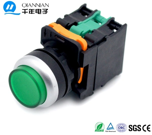 Chinese La38 22mm IP65 Waterproof Flat Head Green Illuminated Push Start Button