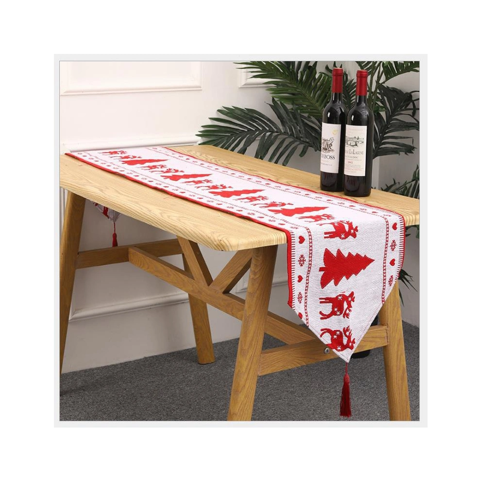 Linen Christmas 100% Dining Decoration Decorative Fabric Floral Printed Lace New Year 180cm with Placemats Red Table Runner