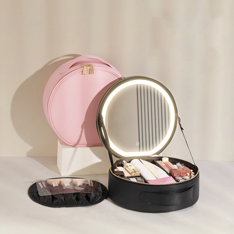 Hot Sale Travel Makeup Zipper Bag Case with LED Light Mirror Makeup Brush Carry Bag Cosmetic Case Mirror
