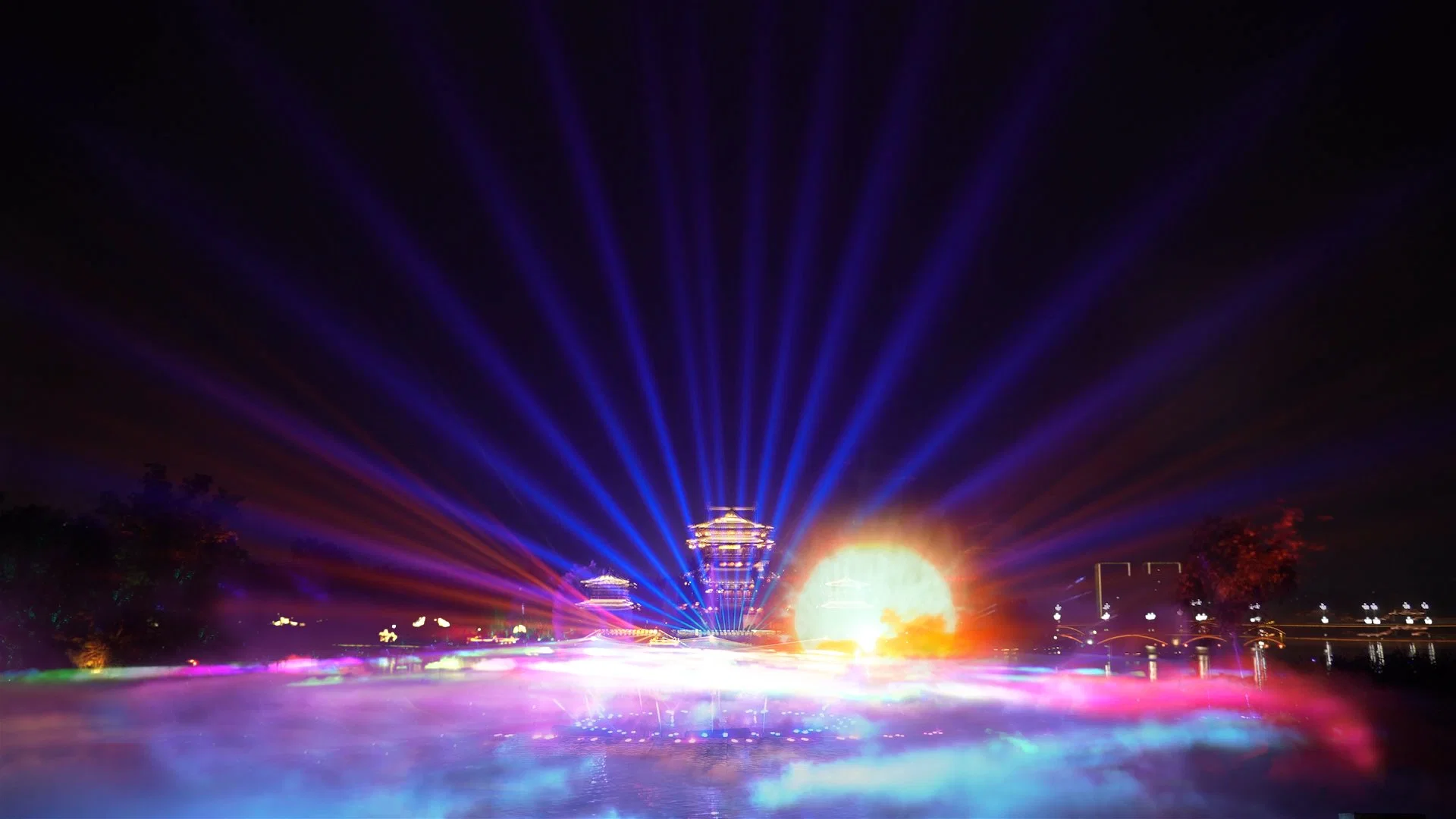 Visite nocturne de la musique de l'eau Fontaine Feu de route Show avec des lasers acteurs montrent des performances étonnantes de l'eau intérieur et extérieur