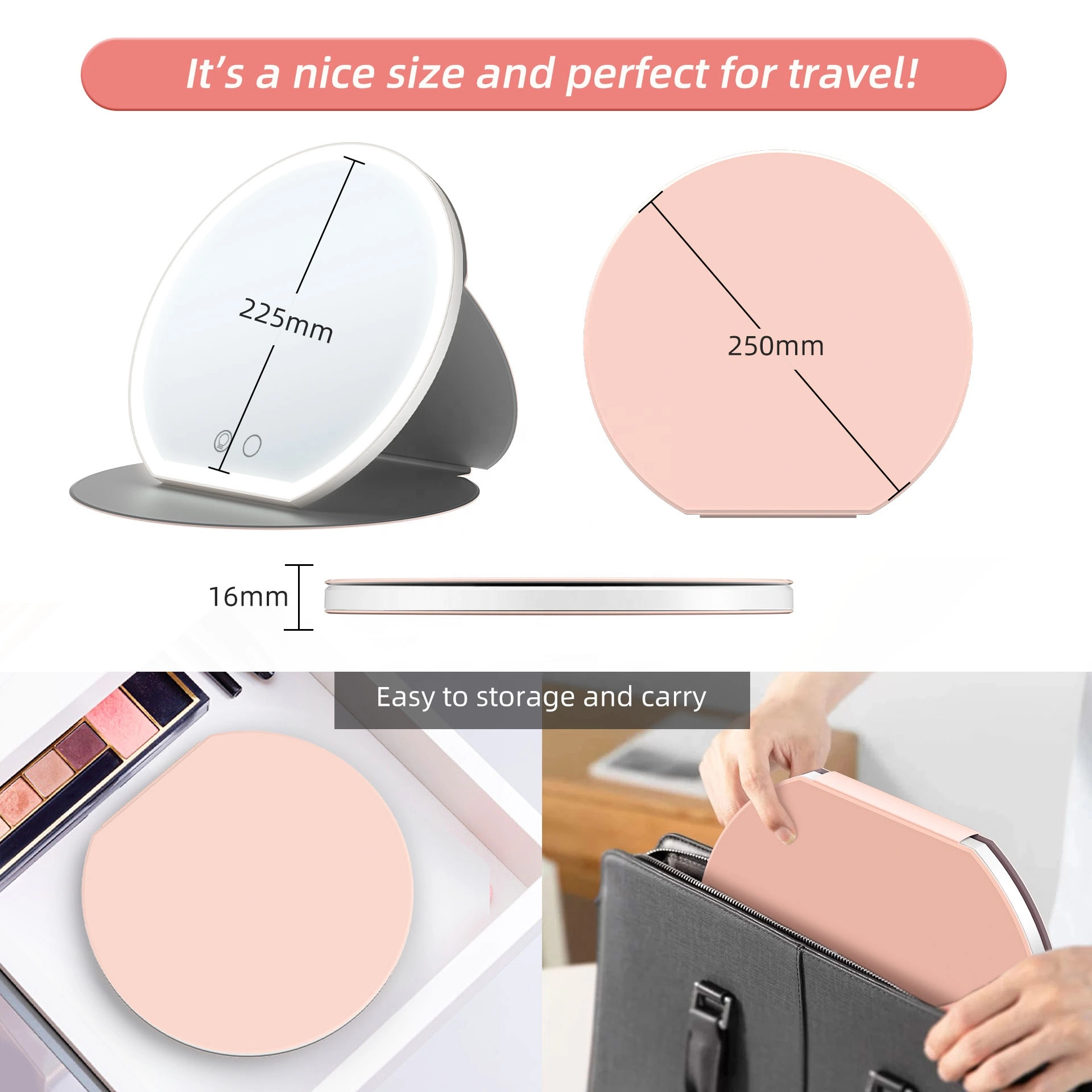 Smart Vanity Mirror LED Light Rechargeable Cosmetic Mirror Touch Screen Makeup Desktop Mirror