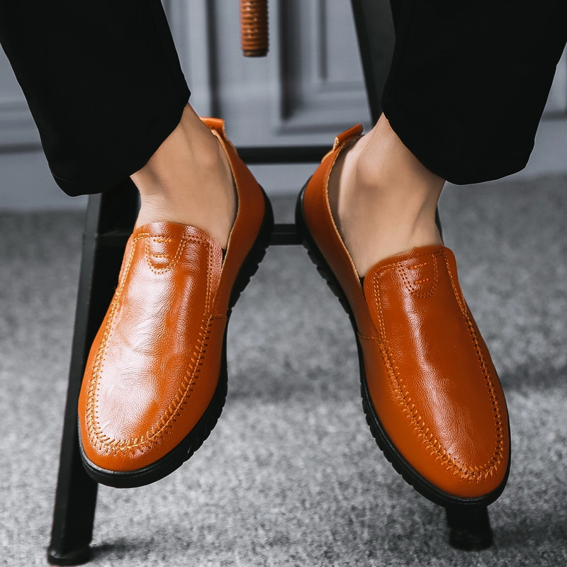 Male Brown Black PU Leather Customize Logo Slip on Lightweight Business Office Dress Formal Party Casual Driving Soft Shoes for Men