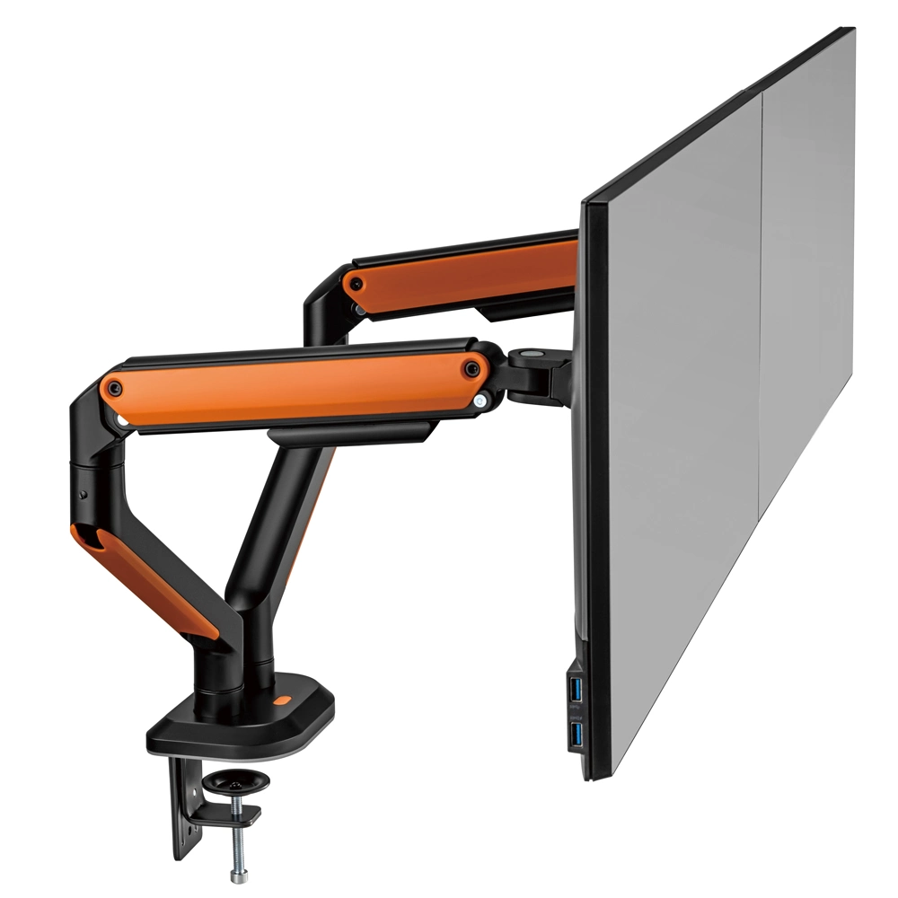 LUMI OEM ODM Dual Office Desk Mount Adjustable Computer Monitor Arm with RGB Lighting