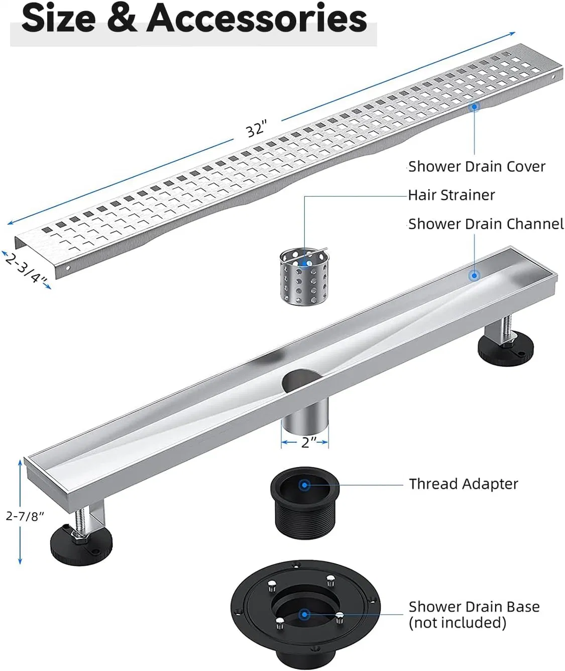 Linear Shower Drain 32 Inch, 304 Stainless Steel Shower Drain, Modern Shower Floor Drain (Brushed Nickel) with Removable Grid, Adjustable Leveling Feet, Long Sh