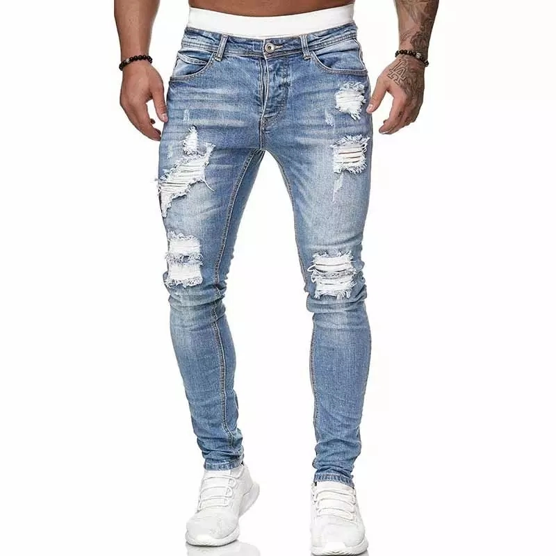 Directamente da fábrica por grosso Ripado Skinny Stretch calças de ganga homens Slim Jeans da