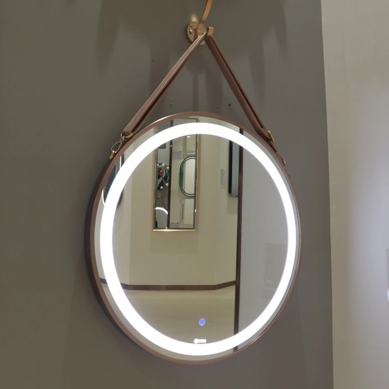 Framed Decorative Vanity Round LED Leather Belt Mirror Hanging Anti-Fog Steel Top Selling Hotel and Restaurant Glass