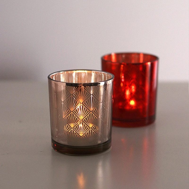 Feather Pattern Glass Empty Cup Modern Candle Holder Candle Cup Red and Gold Pendant Table Household Decoration Candlestick