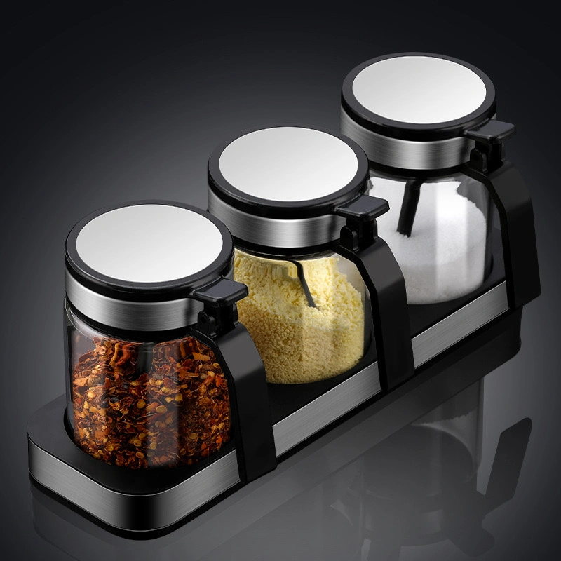 High Temperature Resistant Glass Seasoning Jar Set with Base Seasoning Bottle Stainless Steel Seasoning