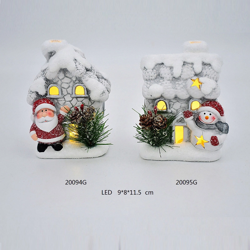 Qute Size Handpainted House Craft with Feather Santan & Snowman LED Lighting Ornament Ceramic Christmas Decoration