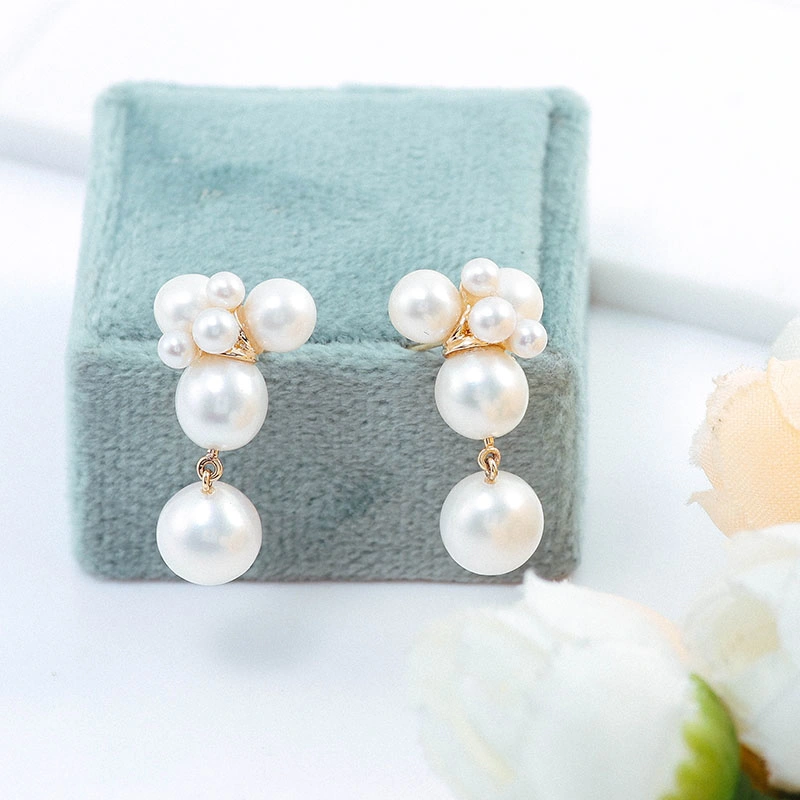 Freshwater Pearls Earrings Round White Color Pearls in 18K Real Gold Elegant Drop Earrings for Women