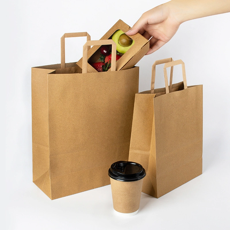 Custom Printed Logo Brown Kraft Paper Bag Packaging Restaurant Food Coffee Cup Takeout Takeaway Bags Paper