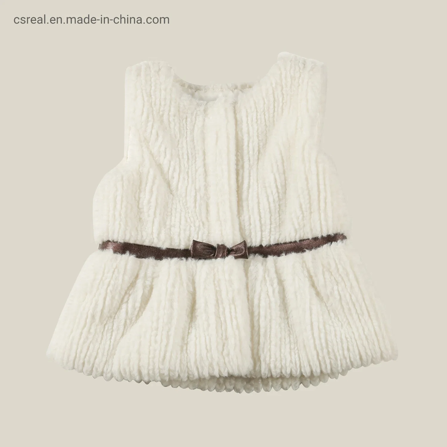 Children Clothing Girl Woven Ivory Faux Fur Vest Wear with Brown PU Leather Belt and Front Snap Placket