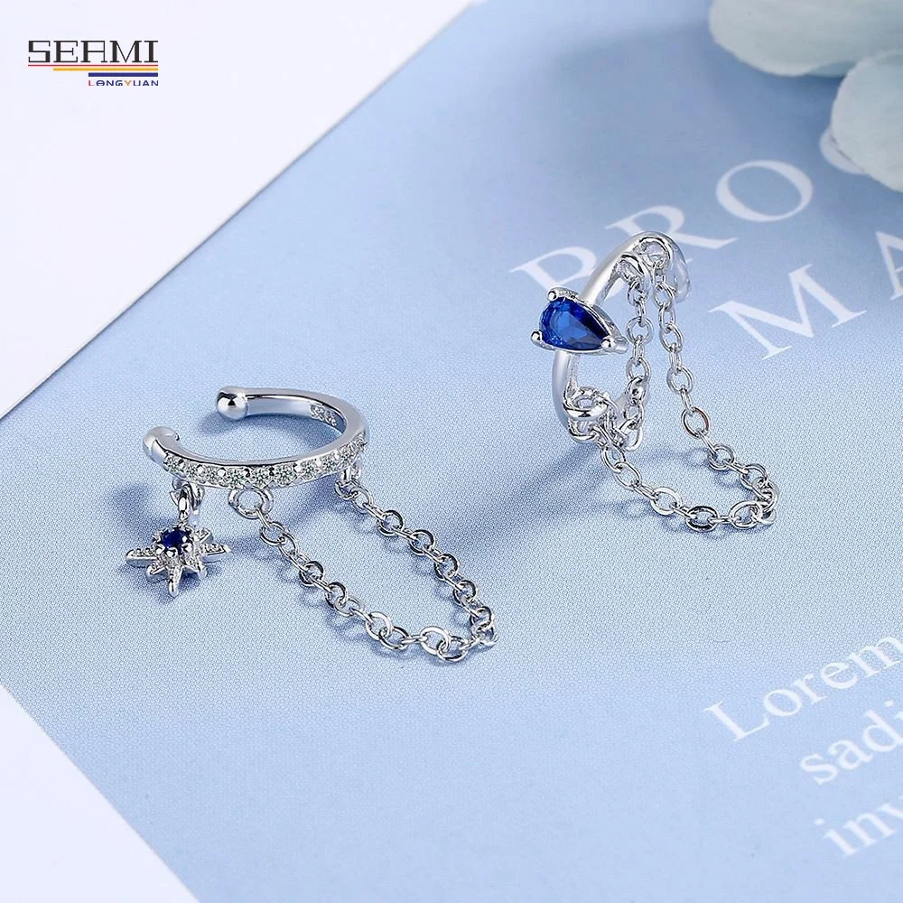 Fashion Silver Earring Double Layer Chain Blue Water Drop Rice Word Zircon Earrings