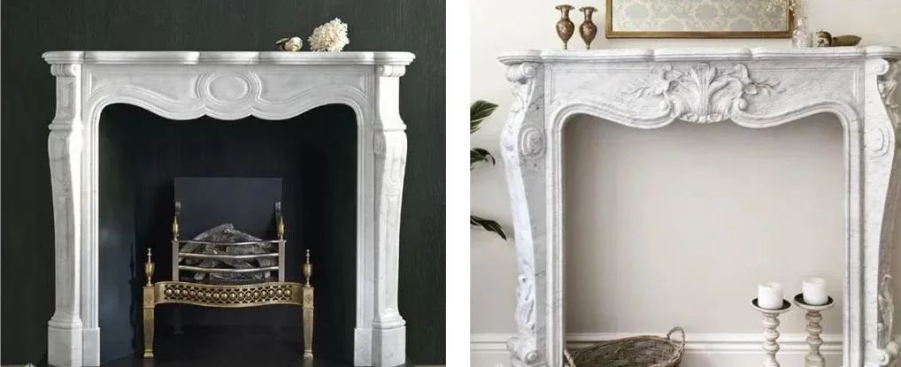 Hand Carved Craft Pure White Marble Decorated Fireplace Mantel Surround Design Insert