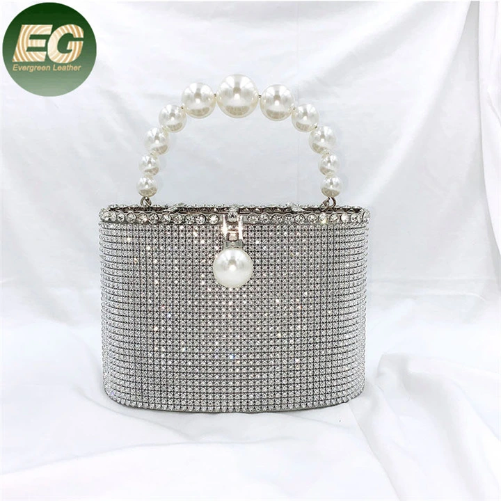 Eb1486 Silver Evening Women Cage Pearl Purse Handbag Beaded Rhinestone Crystal Bling Diamond Clutch Bag