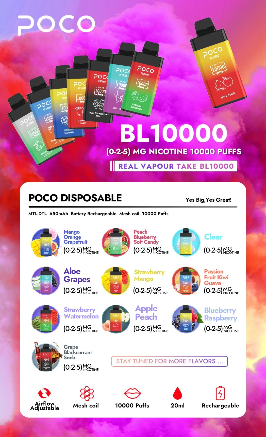 Poco 10000puffs Disposable/Chargeable Vape Wholesale/Supplier Price in Stock Mesh Coil 20ml 0%2%5%0/2/5