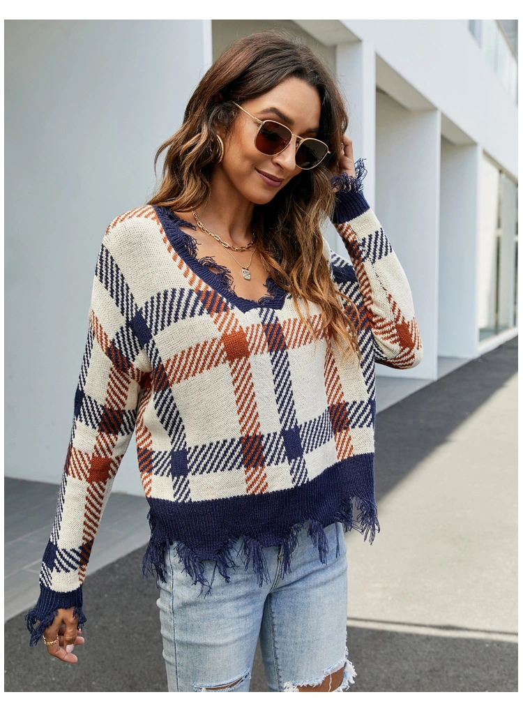 Cross-Border Sweater 2023 New V-Neck Knitted Pullover Fashion Women's Plaid Hole Loose Knitted Sweater