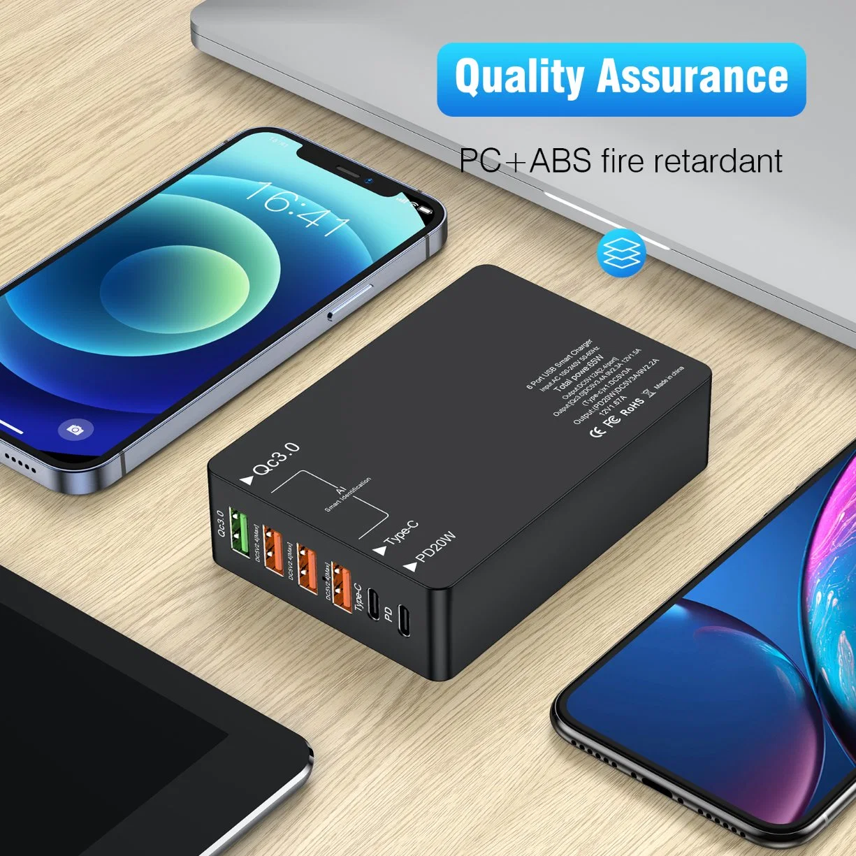Multi-Port USB QC3.0 Type-C Pd20W Phone Charger Tablet Bluetooth Earphone Fast Charging Power Charger Adapter - EU Plug