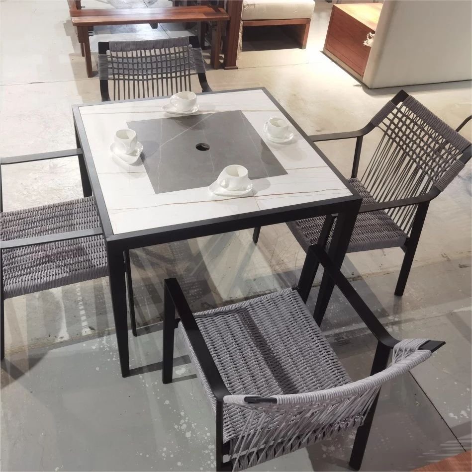 Guangdong Manufacturer Furniture Factory Outdoor Indoor Stackable Modern Commercial Restaurant Hotel Aluminum Outdoor Rope Dining Chair and Stone Top Table