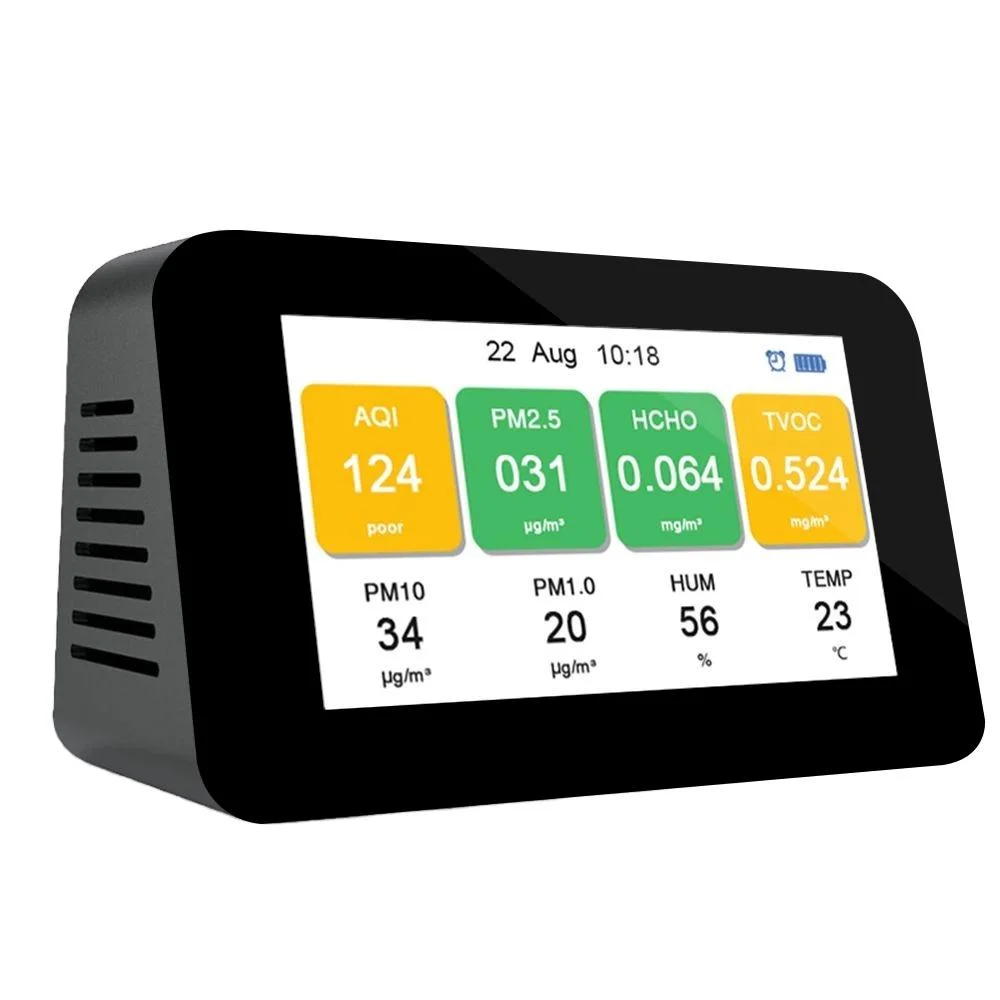 Black ABS Air Quality Detector Monitors Pm2.5 Tvoc Temp Formaldehyde Sensor Comfortable Environment for Office and House