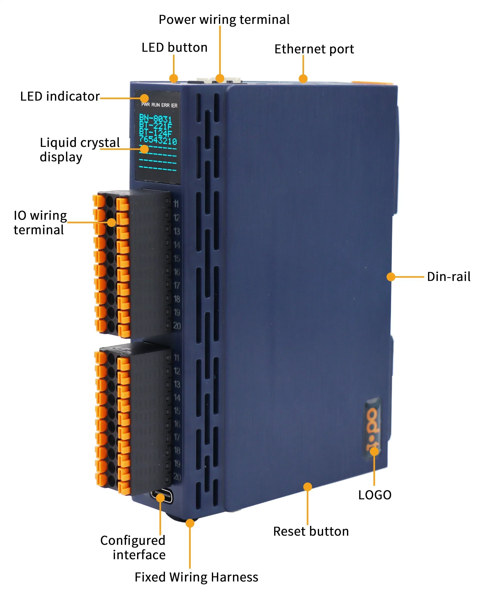 Ethercat Slave Network Adapter for Integrated Io System, 2-4 Io Slots Extensible, Spring Terminals, Dual Ethernet Port, LED Screen, 24VDC