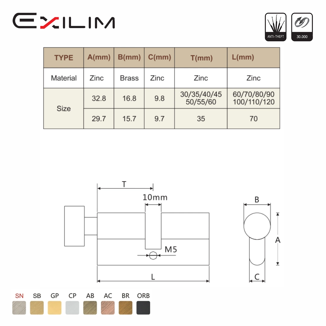 Matte Silver Euro Security Brass Zinc Material Window/Door Lock Cylinder with Keys for Hotel