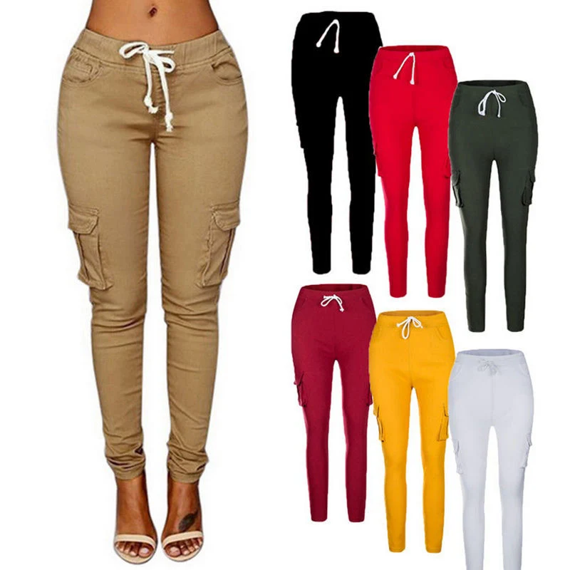 Fashion Pocket Legging Trousers for Women Drawstring Casual Woman High Waist Cargo Plus Size Long Pants