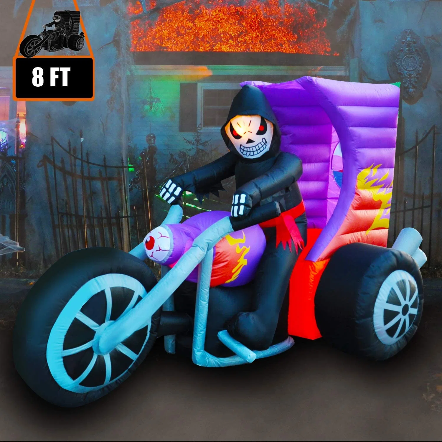 Grim Reaper Motorcycle Light Hall Inflatable Doll Skeleton para la decoración de Halloween.