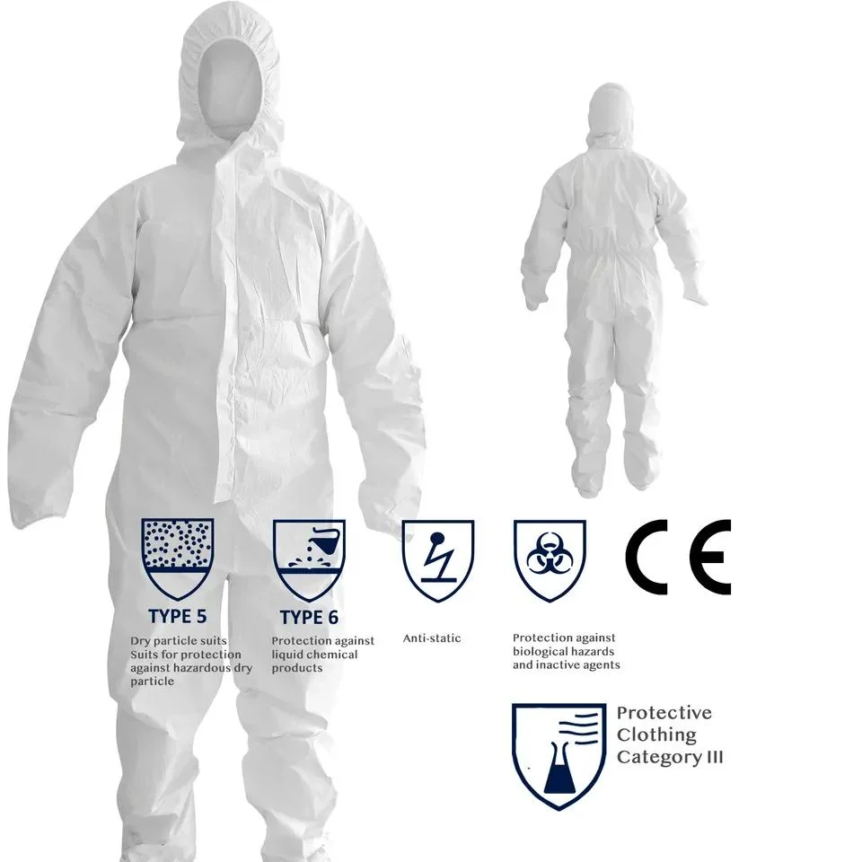 معدات الوقاية الشخصية التي يمكن التخلص منها WorkWear Microtomic CFعموما النوع 56 السلامة الملابس مع غطاء المحرك 50GSM أبيض