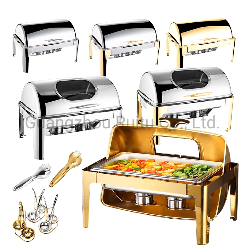 6L Big Glass Window Stainless Steel Chefing Dish Set with Electric or Fuel Heater Chafing Dishes Food Warmer Party Wedding Setting Round Food Warm Buffet Stove