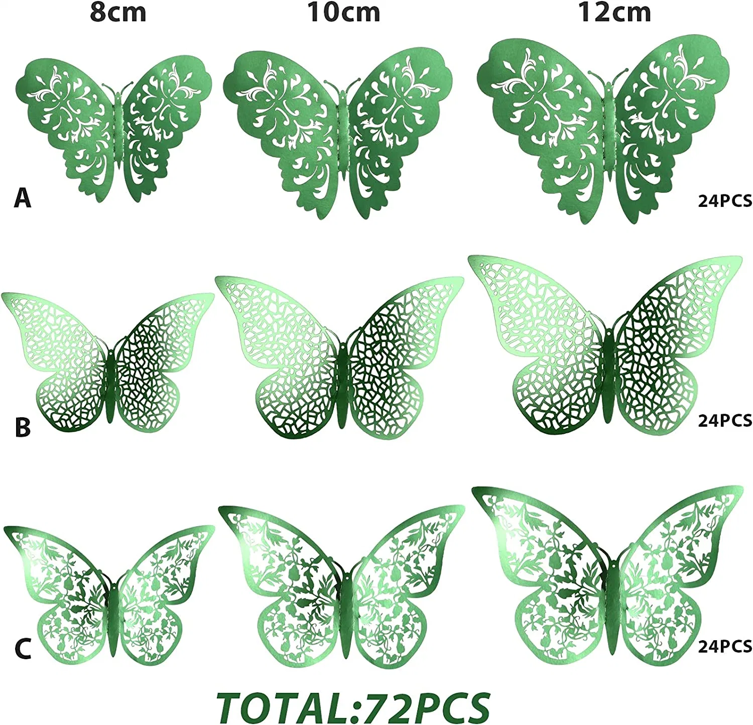 72 Pieces 3D Butterfly Wall Art Sticker Set 3 Sizes for Room Home Nursery Classroom Offices Kids Bedroom Bathroom Living Room Decoration (Light Green)