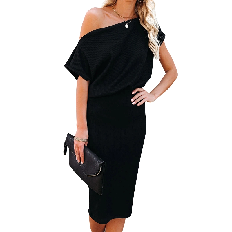 Hot Style Women Solid Color Fashion Apparel Buttocks Shoulders Short Sleeves Dresses Lady Dress