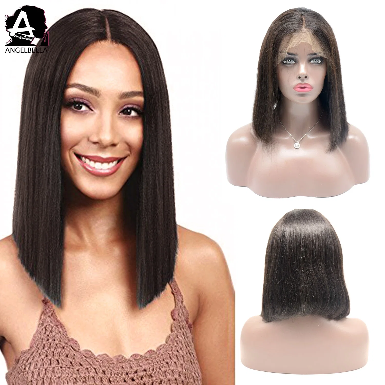 Angelbella Silky Straight Wigs Virgin Remy Human Hair Front Lace Wigs for Beauty Lady Stock