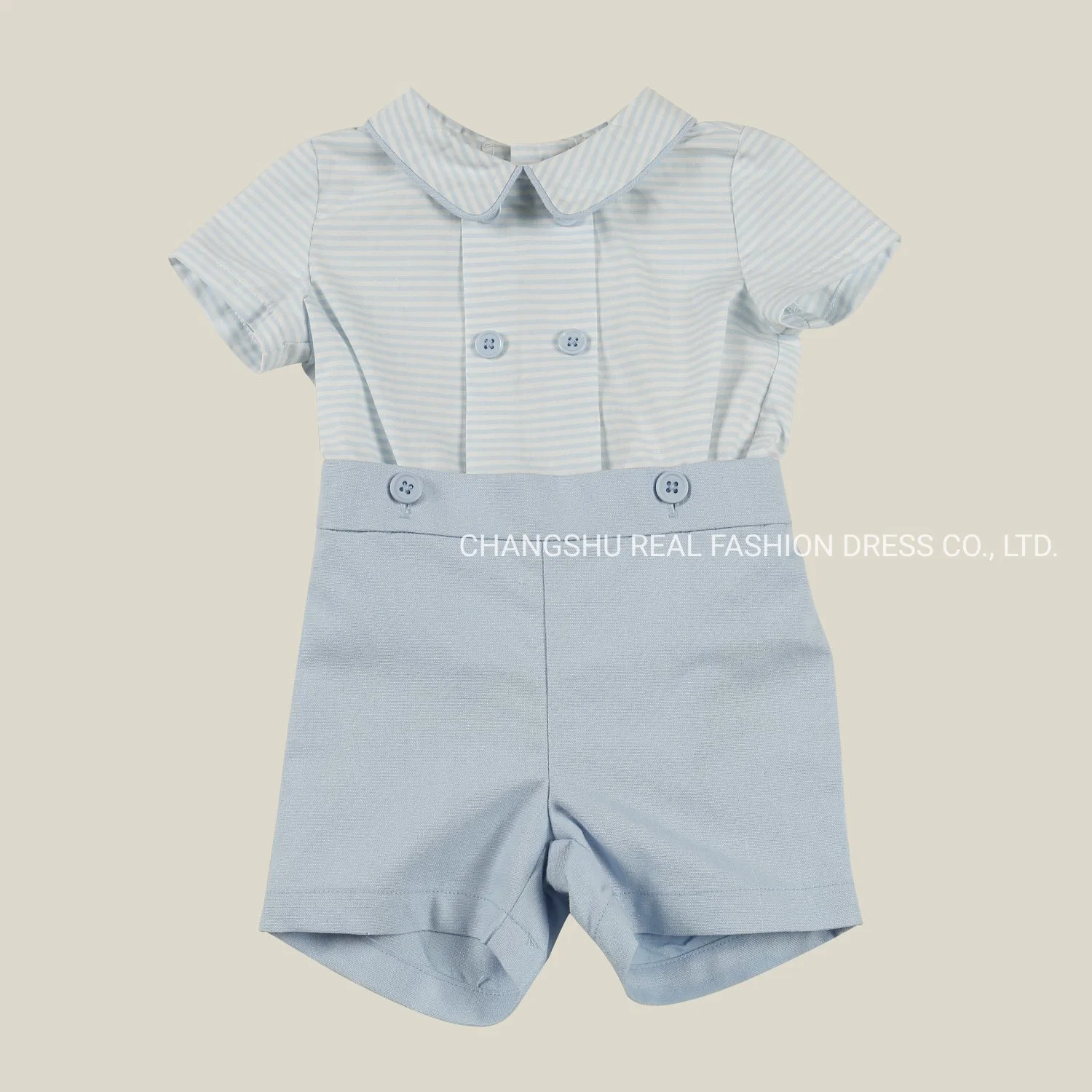 Boy Baby New Fashion Blue Stripe T-Shirt and Short Suit Clothes with Piping Neck and Buttons