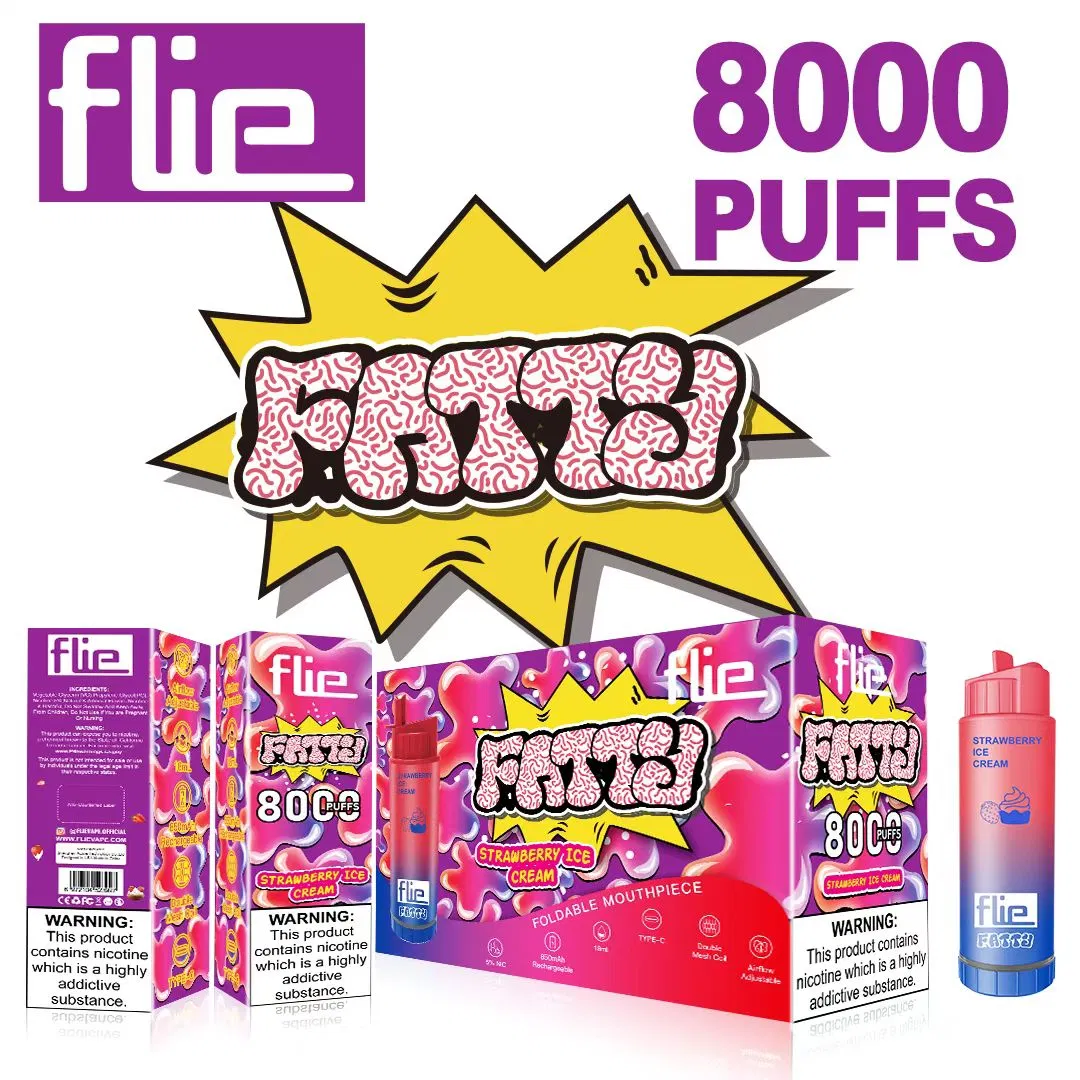 100% original Atacado preço barato Flie fatty 8000 Puffs descartáveis A caneta de Pape 10 tem à sua disposição uma bobina de malha dupla de 18 ml com líquido E. Bateria recarregável tipo C