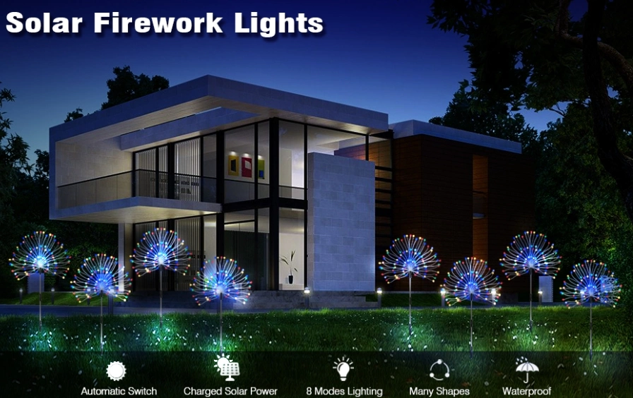 Lumières solaires extérieures de jardin, lampe de feu d'artifice de jardin étanche à LED avec télécommande, lumières décoratives de piquet de paysage